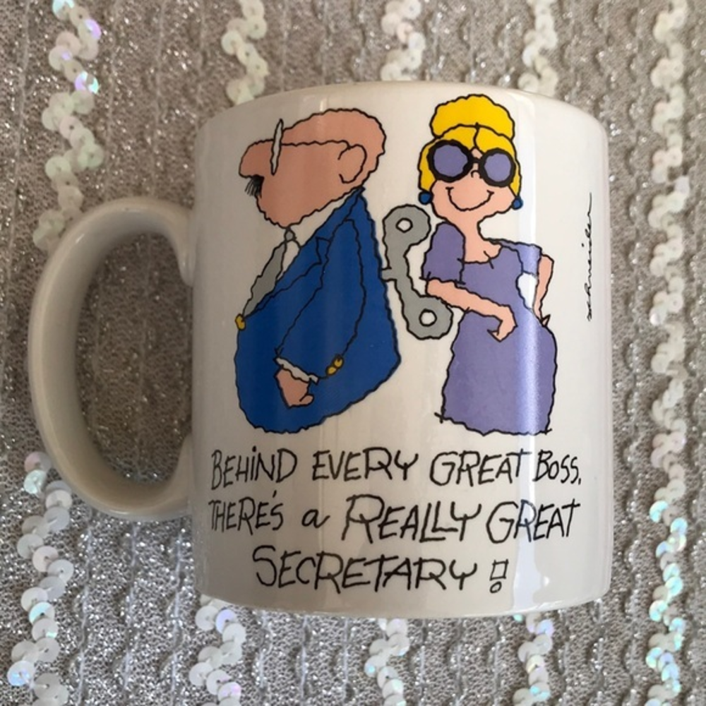 Vintage Russ Schneider Mug Funny Office Humor “Behind Every Great Boss Secretary